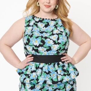 Unique Vintage Peplum Retro Black & Blue Floral Honeybun Sleeveless Blouse M